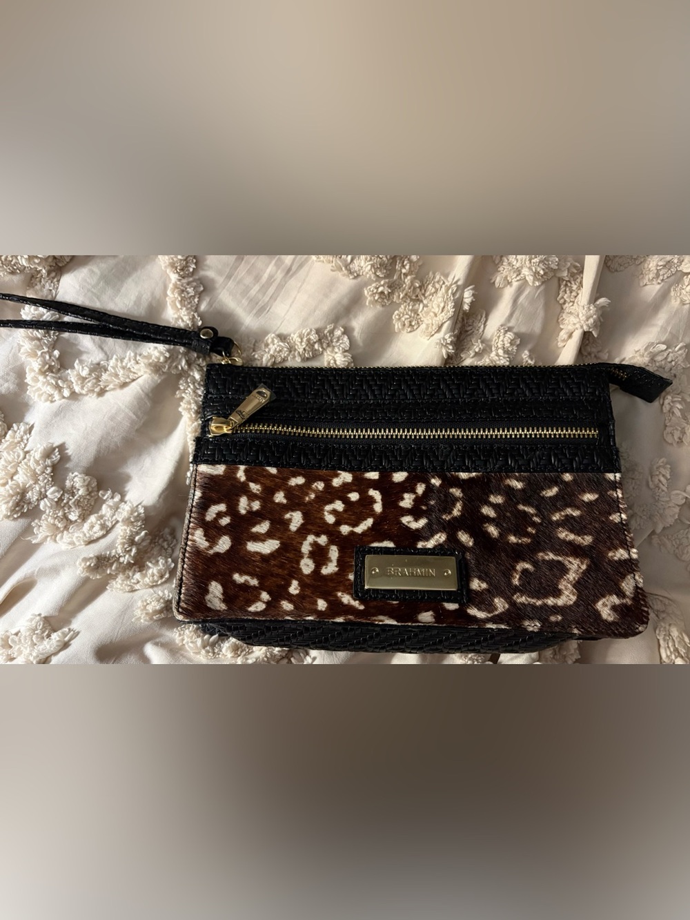Brahmin Black & Brown Leopard-Print Wristlet Clutch